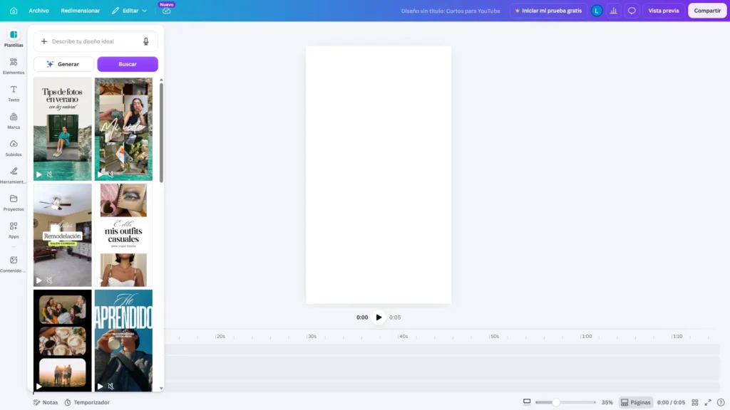 Qué es Canva, para qué sirve y cómo empezar a usarlo 41 Interfaz de edición de Canva en formato video corto de YouTube