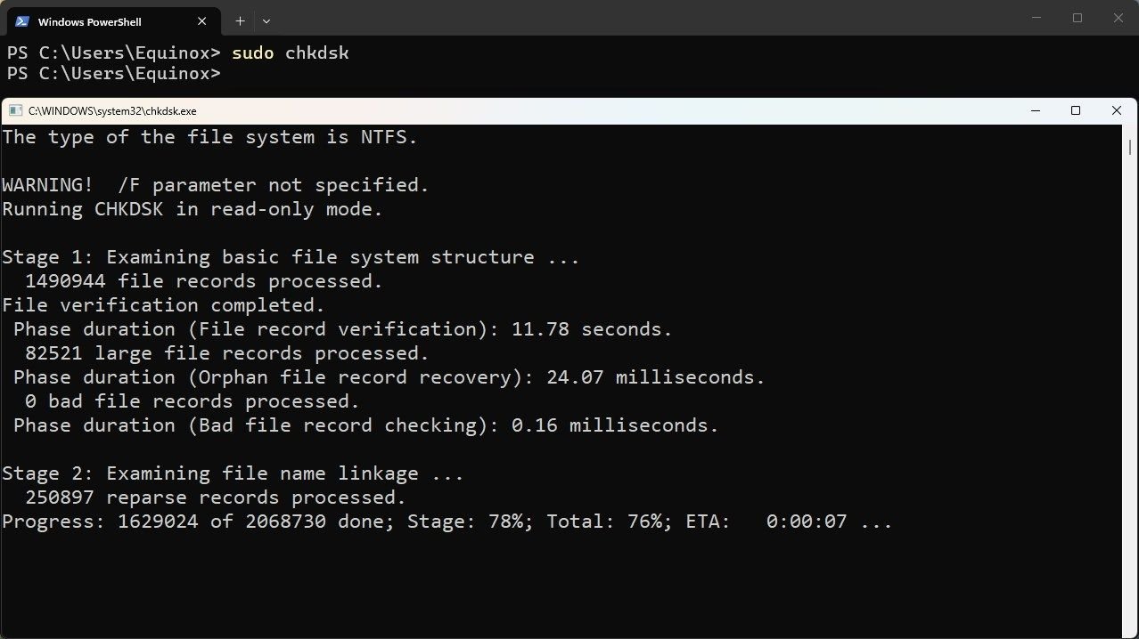 6 comandos de PowerShell que solucionan los errores más comunes de Windows 11 38 chkdsk output powershell