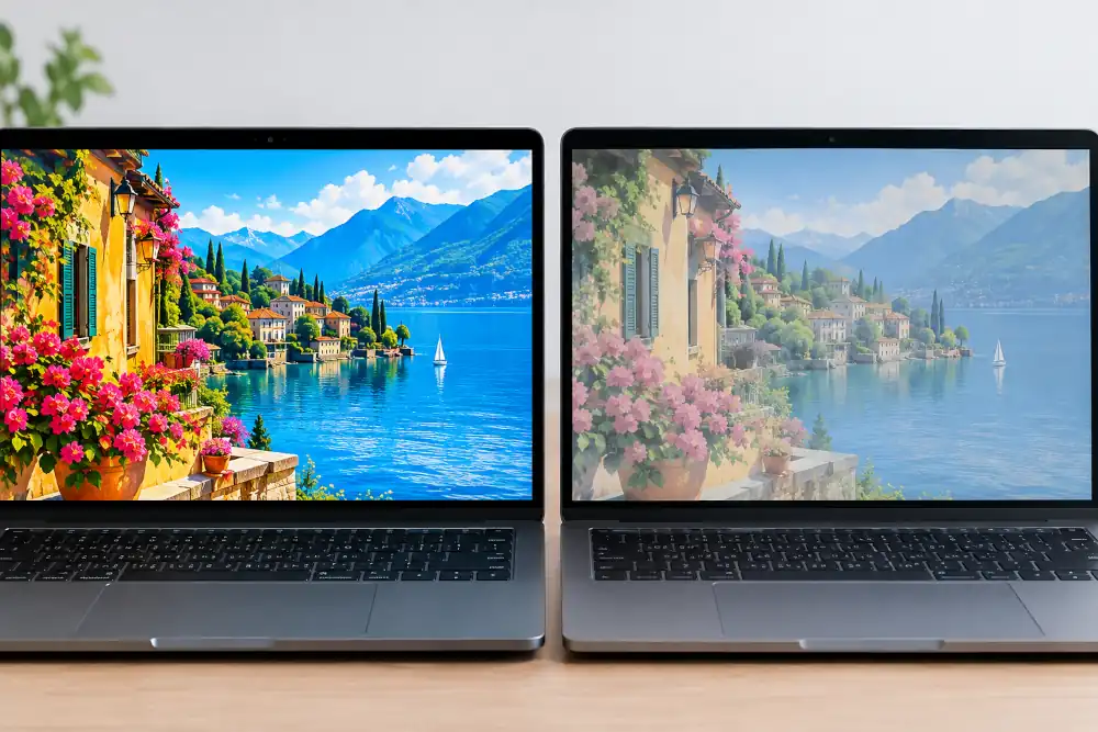 Laptop para diseño gráfico en 2026: cuál comprar según lo que diseñas 34 Comparación de colores entre dos pantallas de laptop para diseño gráfico