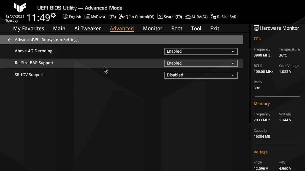 enabling resizable bar in bios