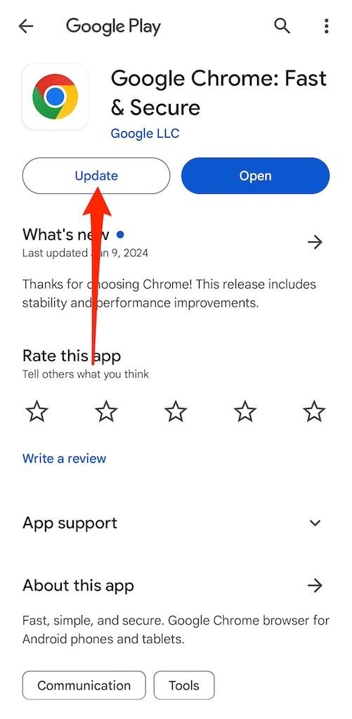 Cómo actualizar Google Chrome en PC y Móvil (Guía 2026) 38 google chrome information page on play store with available update
