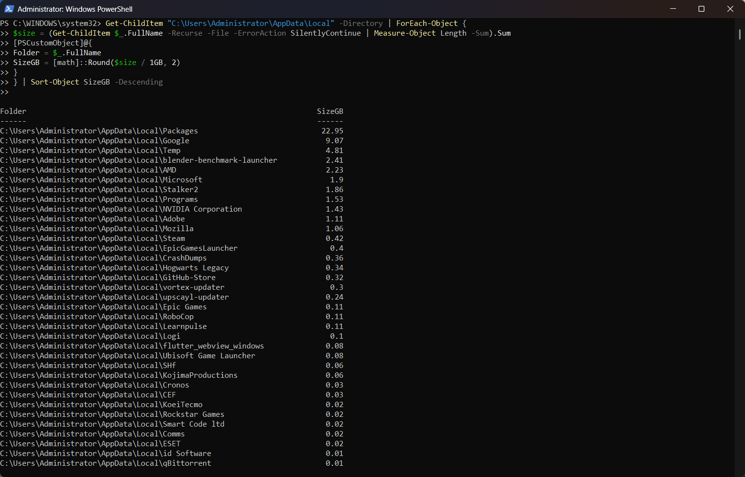 6 comandos de PowerShell que solucionan los errores más comunes de Windows 11 42 listing folders taking up the most disk space with a powershell command 01