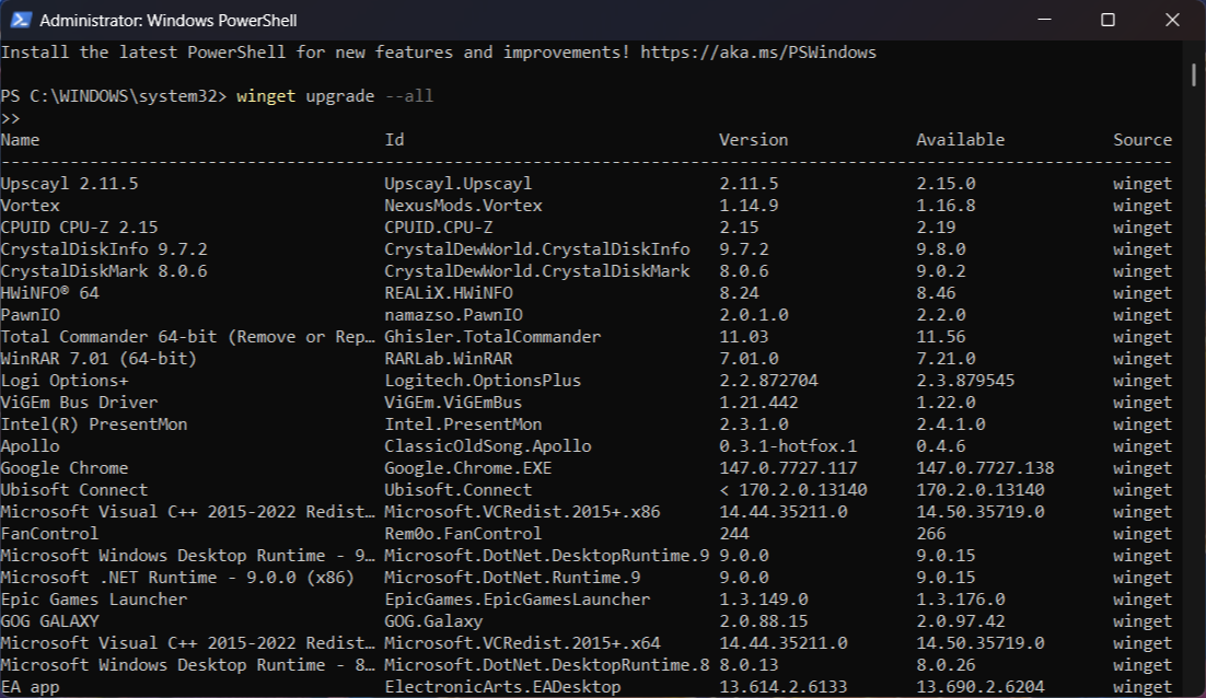 6 comandos de PowerShell que solucionan los errores más comunes de Windows 11 35 updating apps with the winget command