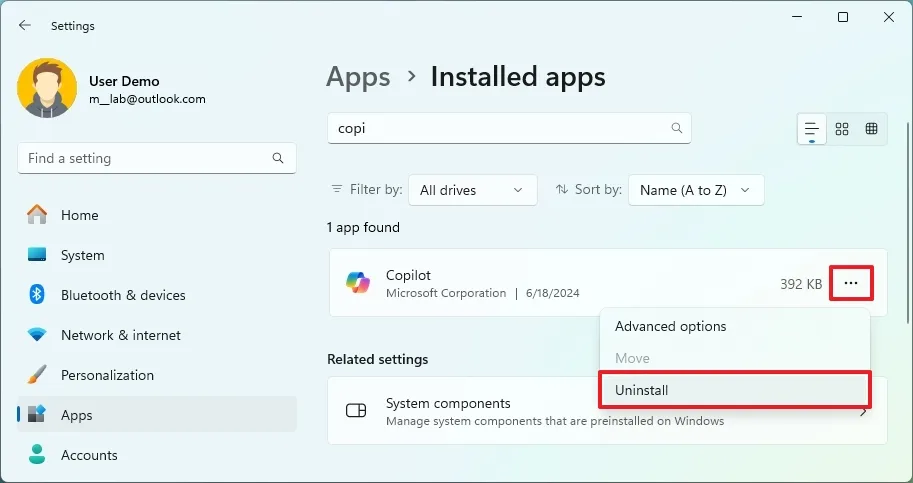 windows 11 uninstall app settings