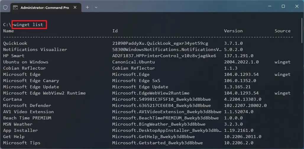 winget list command