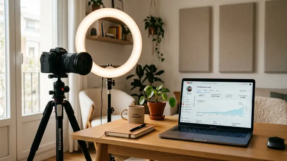 Creador grabando contenido de YouTube optimizado para IA