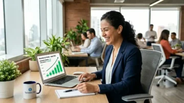 Emprendedor revisa gráfico de ventas en aumento gracias a IA