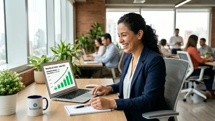 Cómo un negocio duplicó sus ventas con IA (y cómo replicarlo en tu negocio) 33 Emprendedor revisa gráfico de ventas en aumento gracias a IA