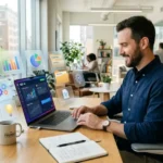 Emprendedor usando ChatGPT Work en su computadora de escritorio