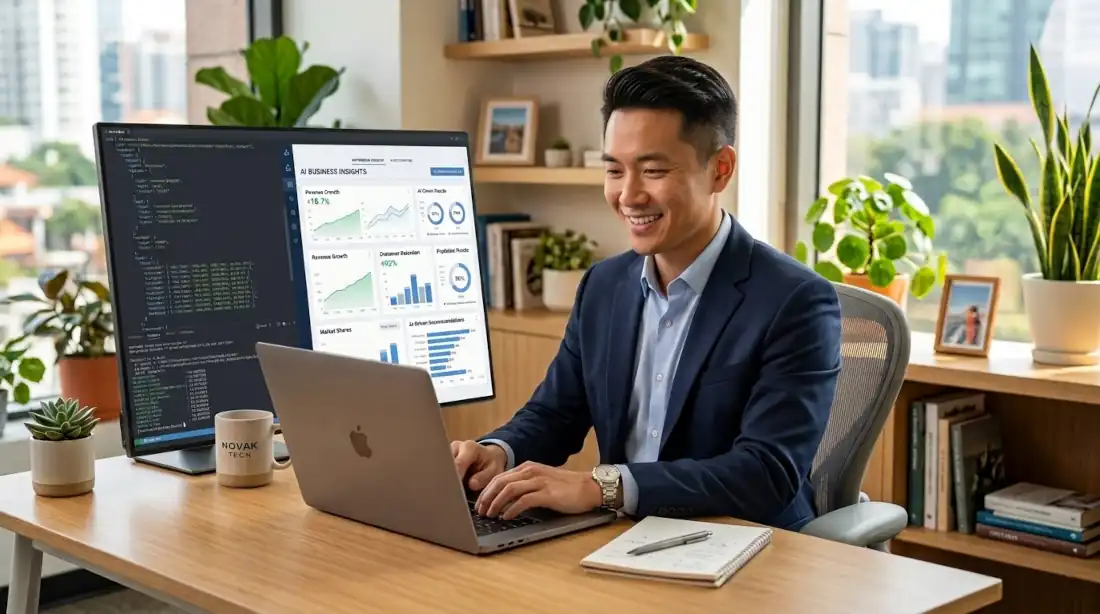 Emprendedor usando inteligencia artificial para gestionar su empresa