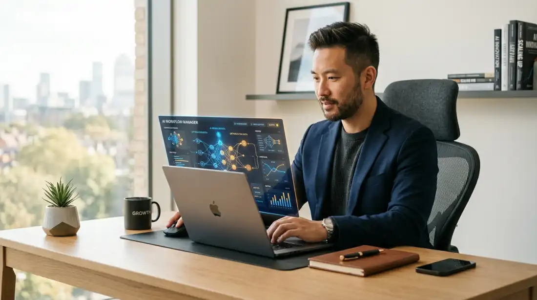 ¿Qué es un Agente de IA y Cómo Usarlo en tu Negocio? (Guía 2026) 33 Emprendedor usando un agente de IA en su negocio digital