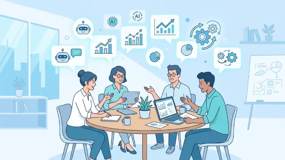 Inteligencia artificial para empresas: equipo de pyme automatizando procesos con herramientas de inteligencia artificial
