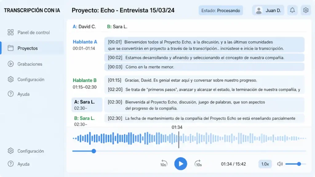 Descargar y transcribir videos de youtube con ia: panel de transcripción con IA mostrando hablantes identificados