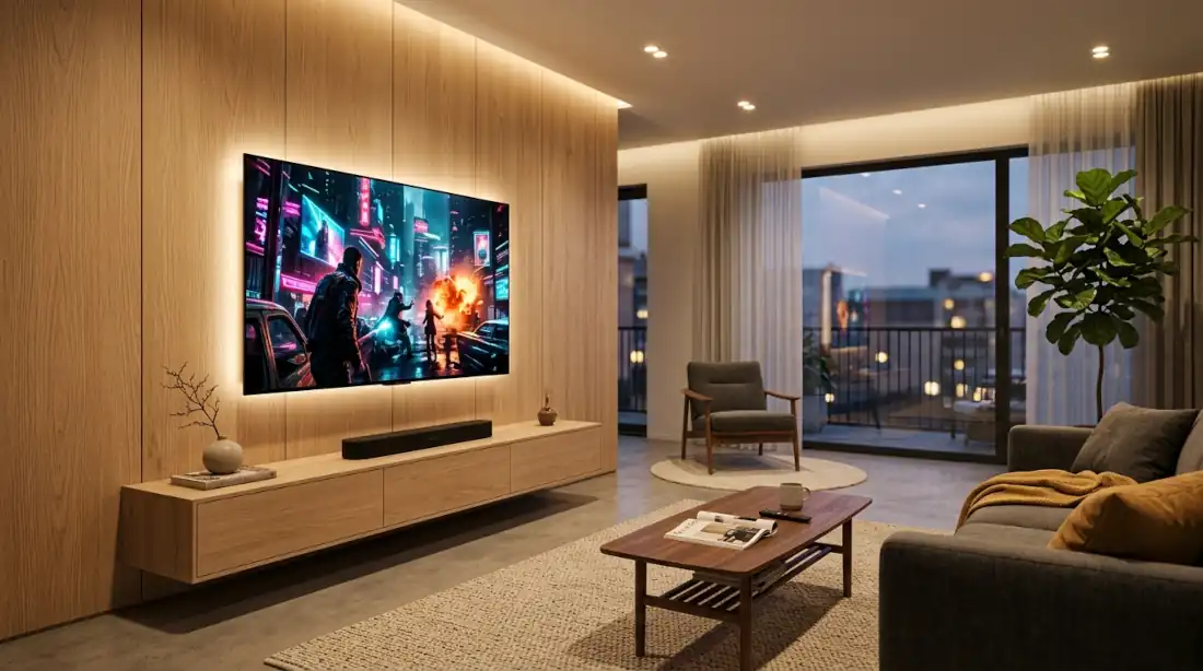 Mejores televisores 4K: televisor 4K OLED en sala moderna con imagen vibrante