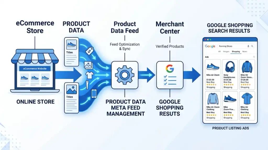 Diagrama de cómo funciona el feed de productos en Merchant Center