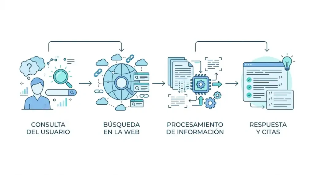 ¿Qué es GEO (Generative Engine Optimization)? Guía completa 34 Diagrama de cuatro pasos de cómo los motores generativos citan fuentes web