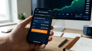 Persona vendiendo bitcoin desde una app de exchange en su celular