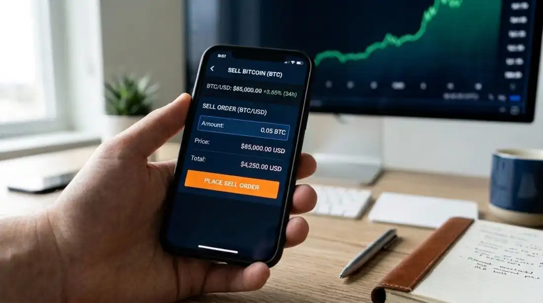 Cómo vender Bitcoin de forma fácil y segura en 2026 33 Persona vendiendo bitcoin desde una app de exchange en su celular