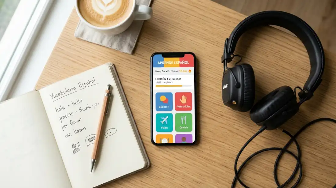 Persona usando apps gratuitas para aprender inglés en el celular