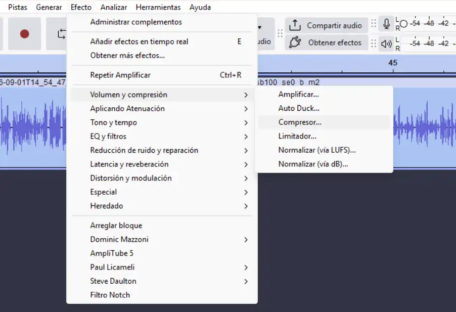 Cómo Normalizar el Volumen de Audio en Audacity (Guía Paso a Paso) 34 Normalizar el volumen de audio en Audacity: ubicacion de compresor