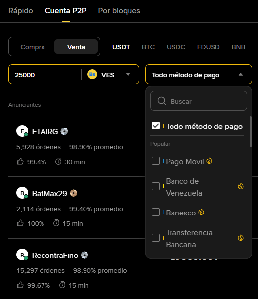 binance p2p sell menu