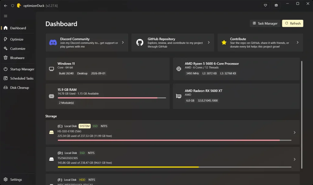 Cómo optimizar Windows para juegos sin gastar dinero con Optimizer Duck 35 dashboard