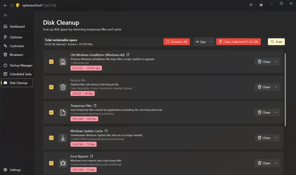 Cómo optimizar Windows para juegos sin gastar dinero con Optimizer Duck 42 disk cleanup