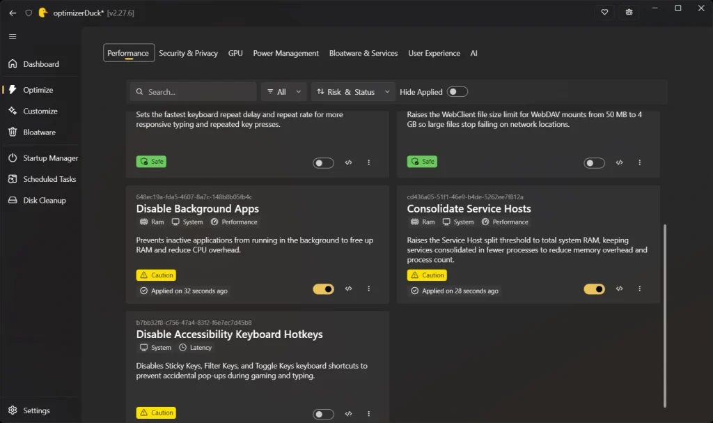 Cómo optimizar Windows para juegos sin gastar dinero con Optimizer Duck 37 perdormance
