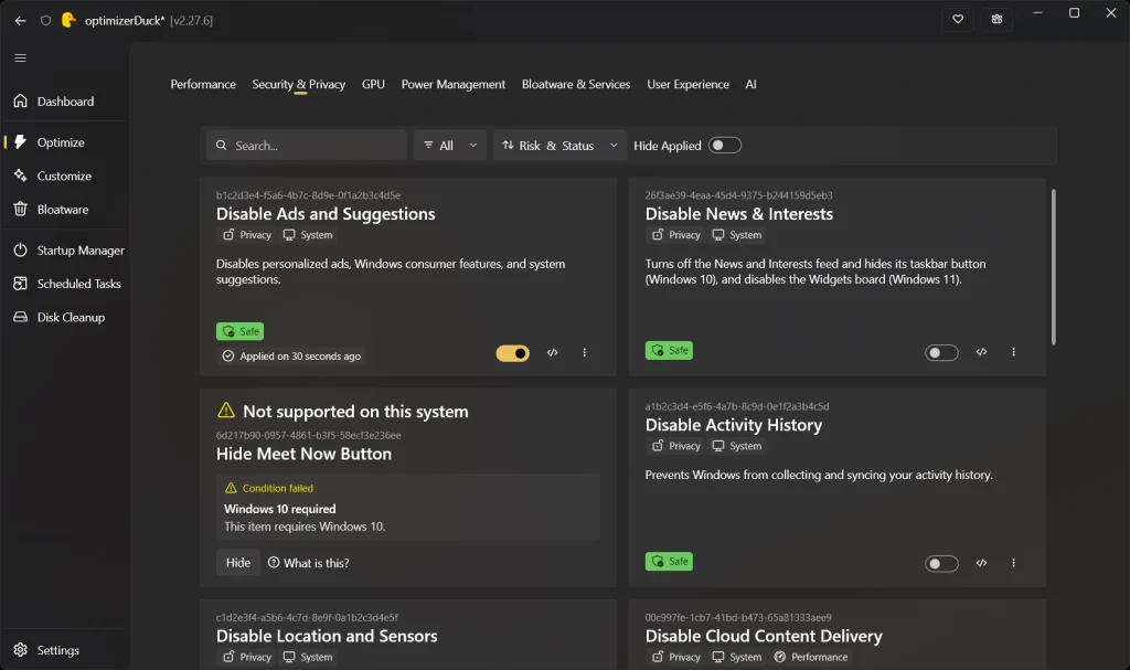 Cómo optimizar Windows para juegos sin gastar dinero con Optimizer Duck 36 security