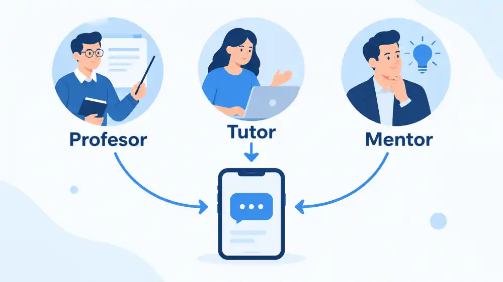 Cómo aprender inteligencia artificial usando la propia IA como profesor, tutor y mentor 34 Diagrama de los tres roles de la IA profesor, tutor y mentor