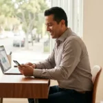 Dueño de negocio aprendiendo inteligencia artificial con IA como tutor en su celular