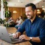 Dueño de negocio hispano crea página web con IA en laptop