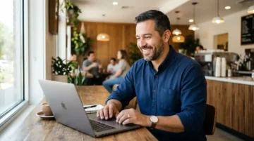 Dueño de negocio hispano crea página web con IA en laptop
