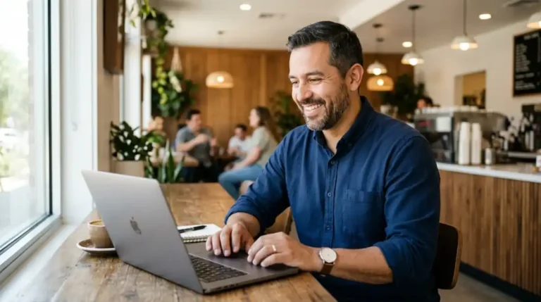 Dueño de negocio hispano crea página web con IA en laptop