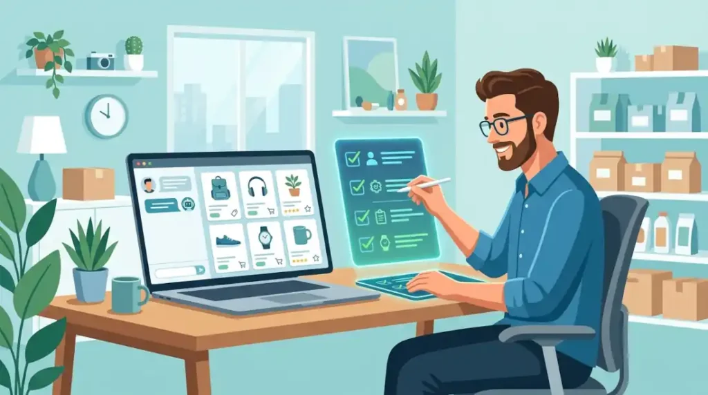 Cómo aparecer en ChatGPT cuando recomienda productos: checklist 2026 56 Dueño de tienda siguiendo un checklist para aparecer en ChatGPT con sus productos