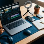 Escritorio de youtuber con laptop mostrando videos para youtubers de bancos gratis