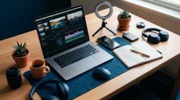 Escritorio de youtuber con laptop mostrando videos para youtubers de bancos gratis