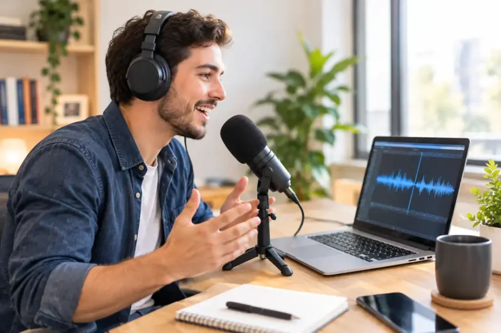 Voz en off con IA en castellano: cuánto cuesta, qué licencia necesitas y qué debes etiquetar en 2026 56 Voz en off con ia en castellano: Freelance español grabando una voz en off con IA en castellano desde su escritorio