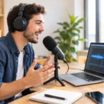 Voz en off con ia en castellano: Freelance español grabando una voz en off con IA en castellano desde su escritorio