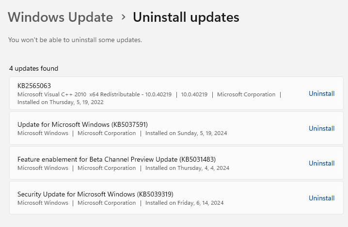 unninstall updates